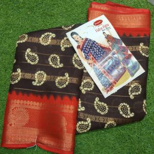 brown & red printed cotton silk saree